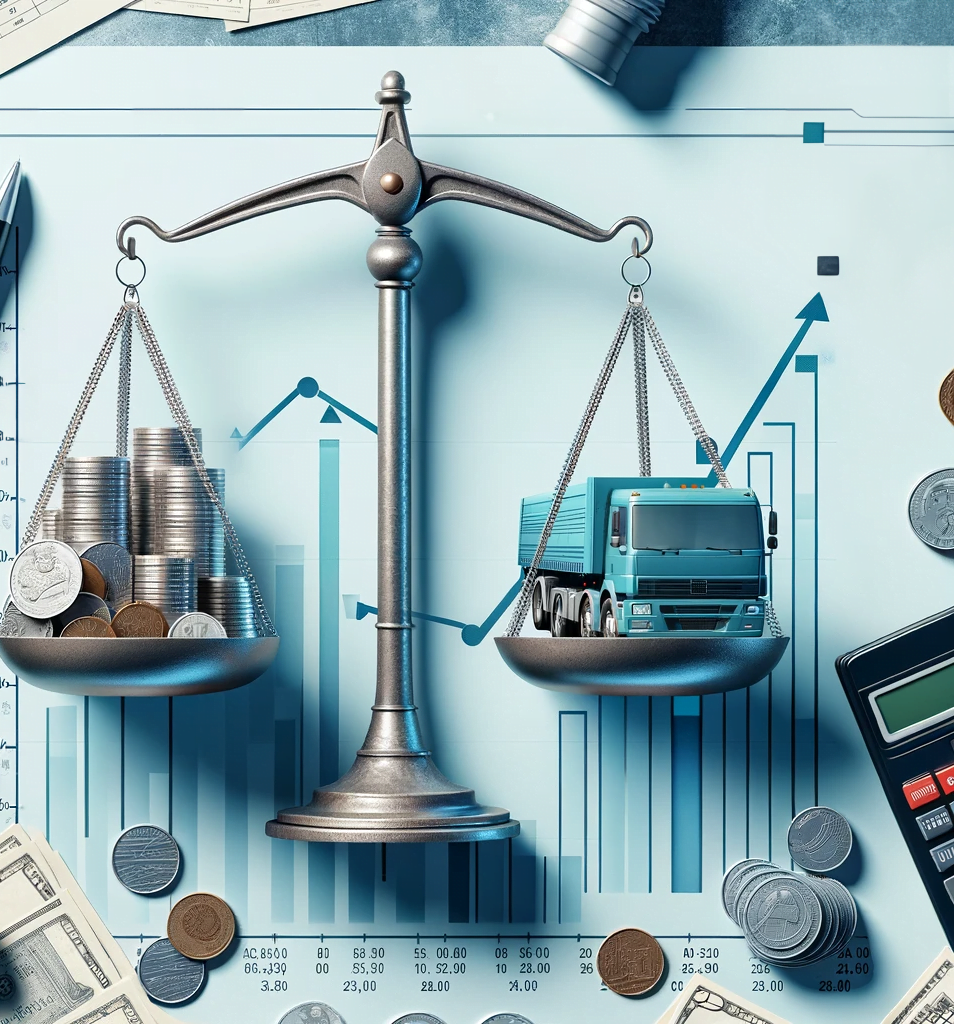 DALL·E 2024 01 04 12.00.01 An image depicting the concept of Lucro Presumido taxation showing a balance scale with coins and paperwork on one side and a miniature truck on th